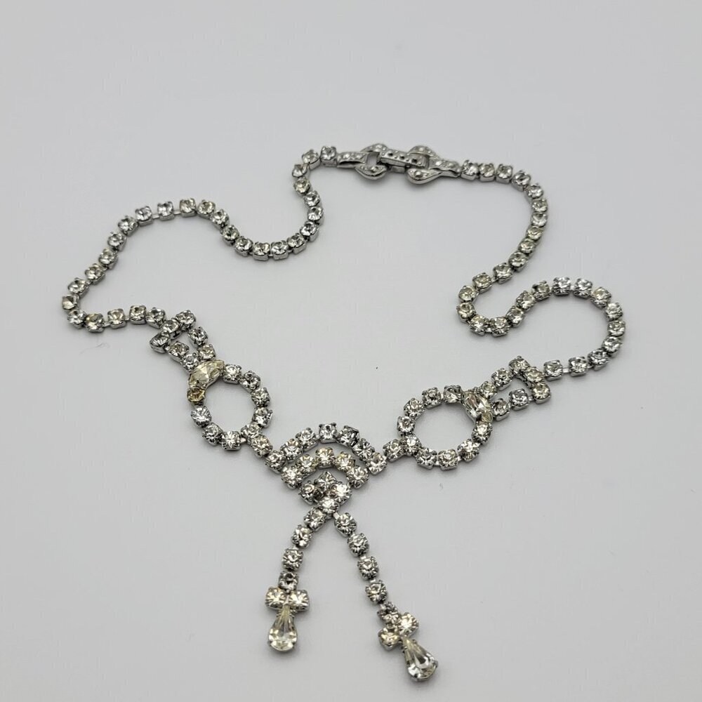 Vintage 50s 60s Rhinestone Bow Tennis Necklace 15" Silver Tone Clear Crystal